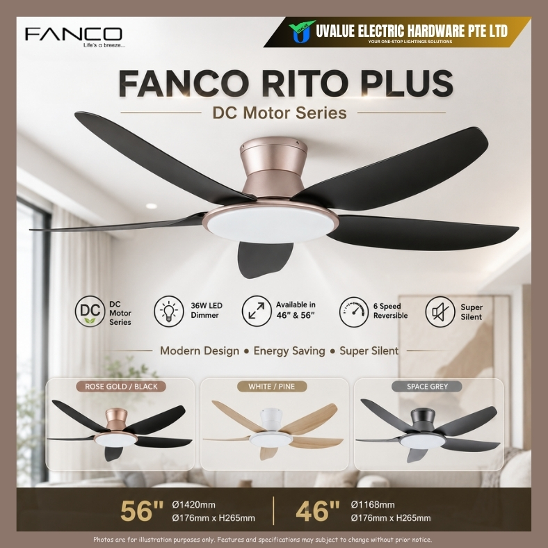 Fanco RITO Plus DC Motor Ceiling Fan 46"/56" | 4-Blade | 36W LED Dimmer | Smart WiFi Built-In | 4-Year Onsite Warranty